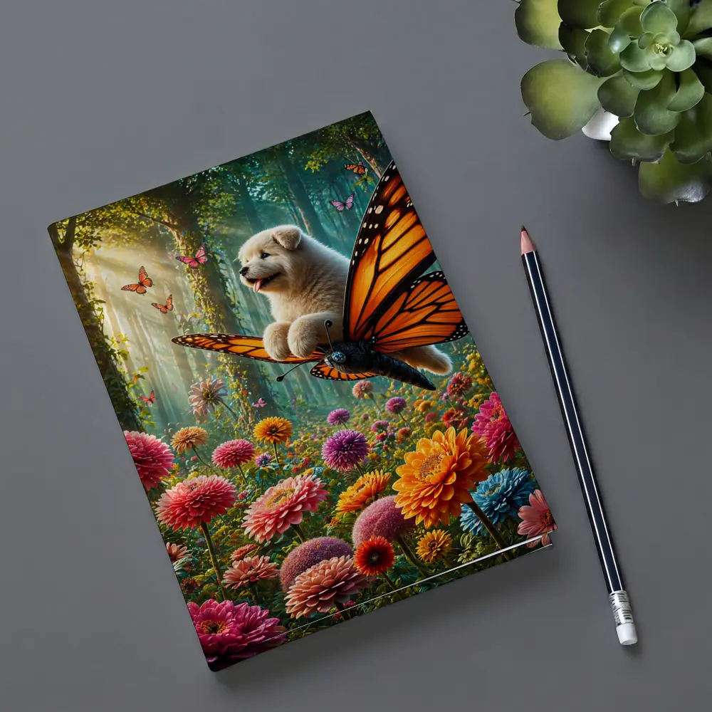 Puppy Riding Monarch Butterfly Over Flower Garden – Notebooks