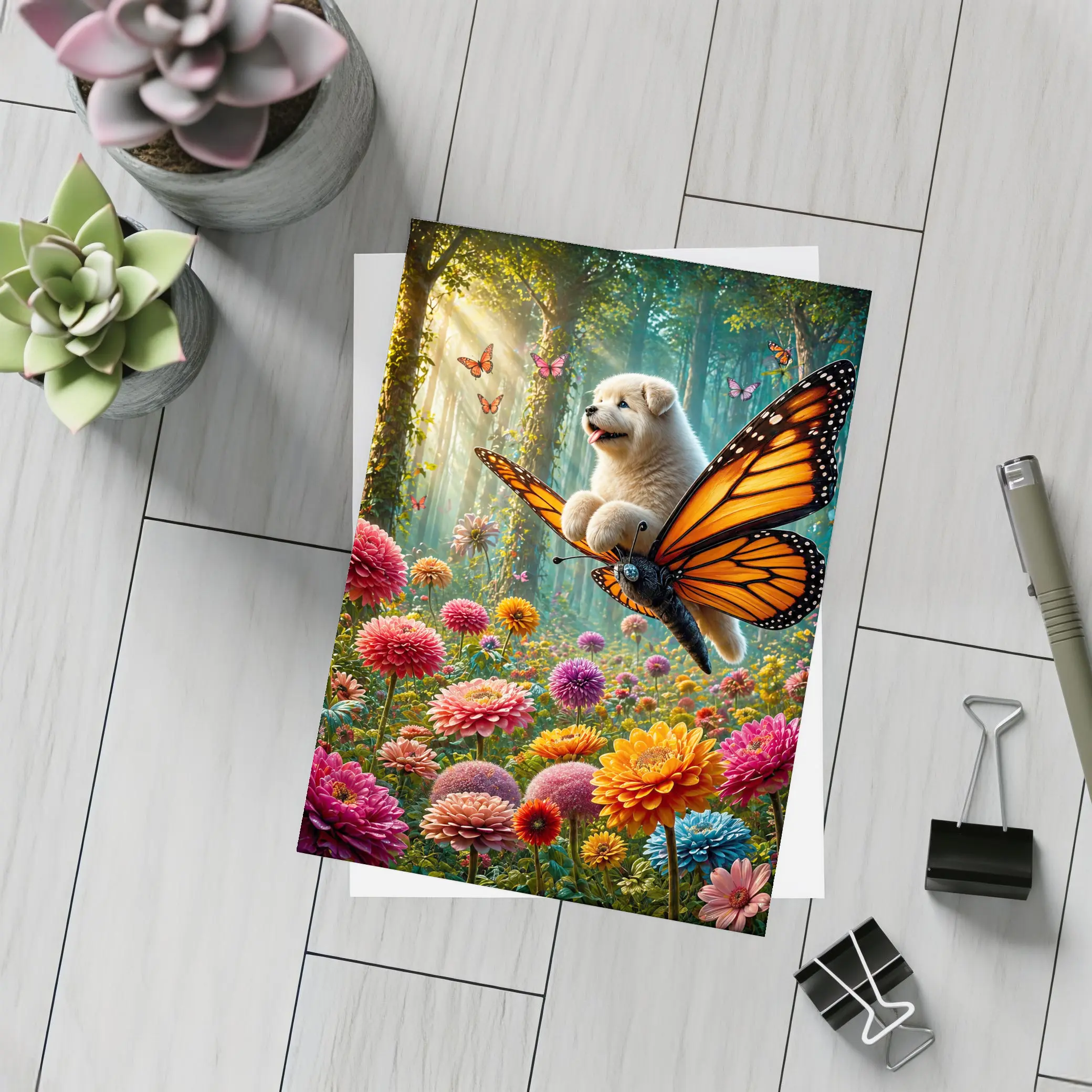 Puppy Riding Monarch Butterfly Over Flower Garden – Postcards