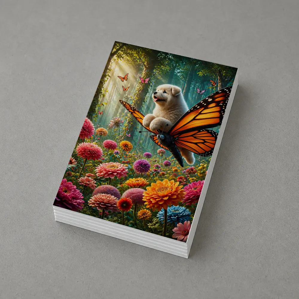 Puppy Riding Monarch Butterfly Over Flower Garden – Postcards