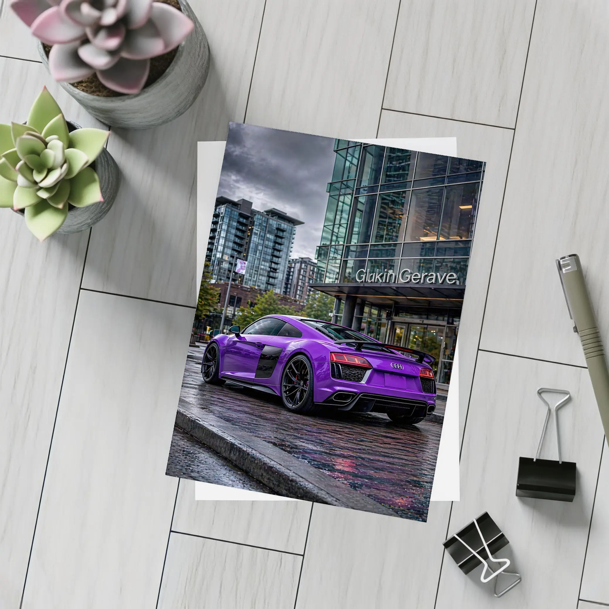 Purple Audi R8 Rainy City Street – Postcards