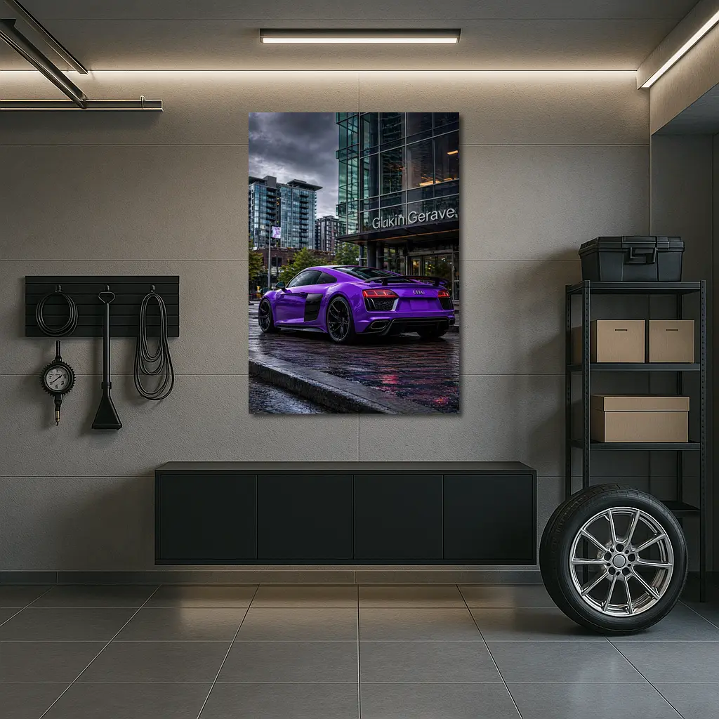 Purple Audi R8 Rainy City Street – Wall Art