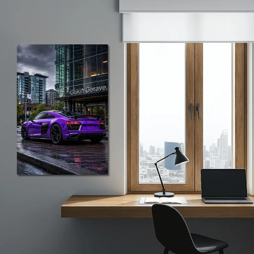 Purple Audi R8 Rainy City Street – Wall Art