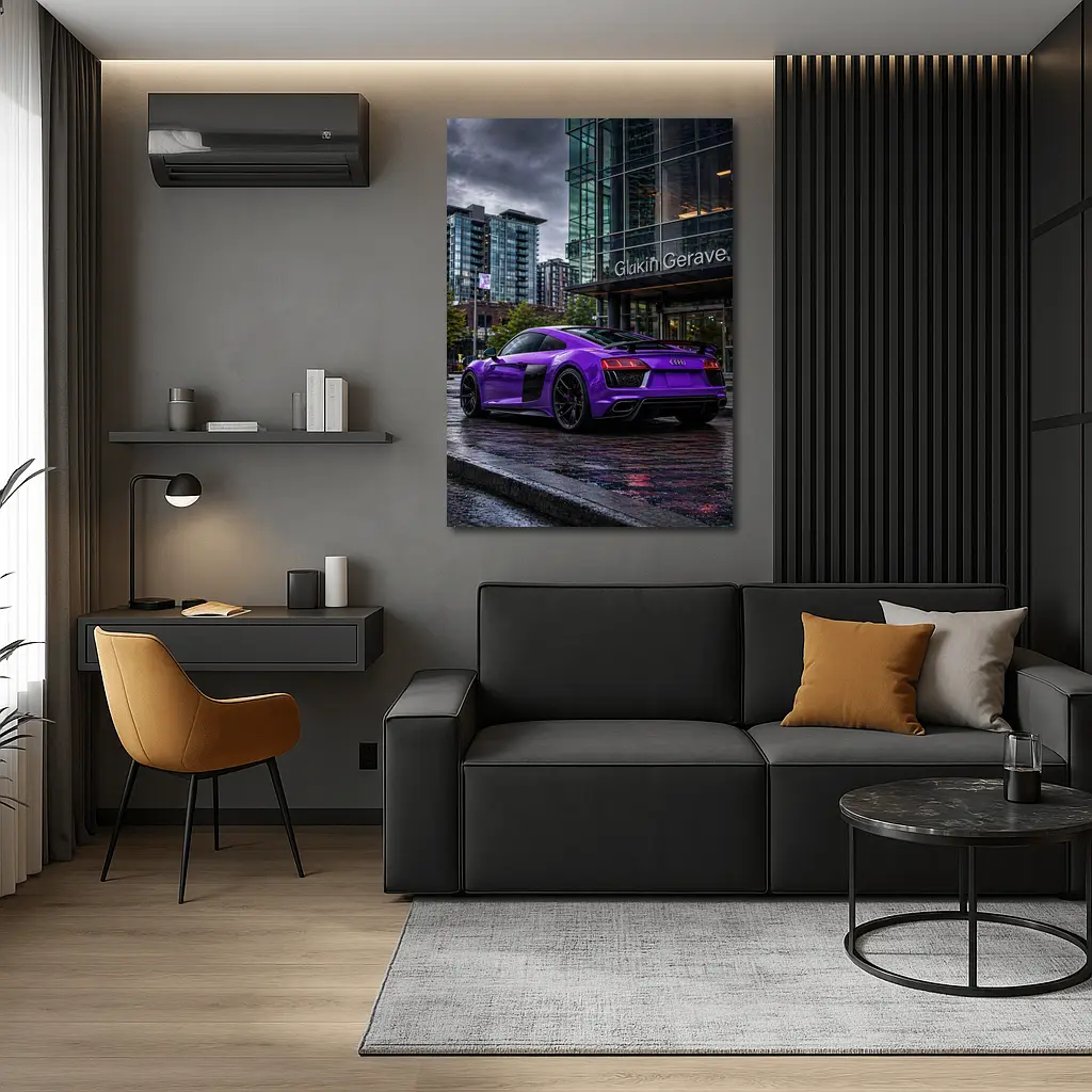 Purple Audi R8 Rainy City Street – Wall Art