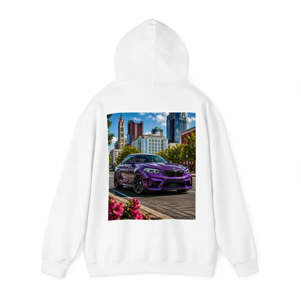 Purple BMW M2 City Street Urban Background – Hoodies