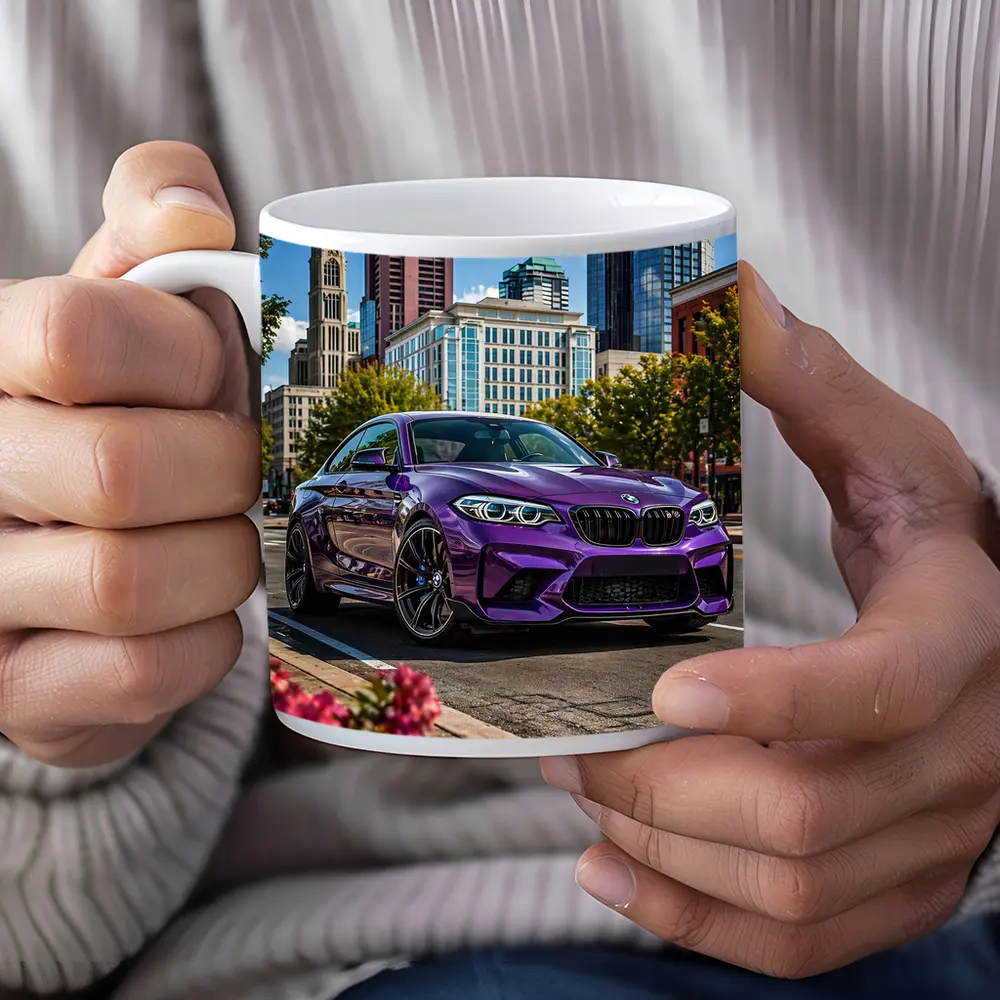 Purple BMW M2 City Street Urban Background – Mugs