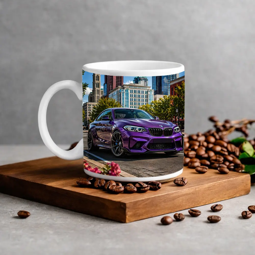 Purple BMW M2 City Street Urban Background – Mugs