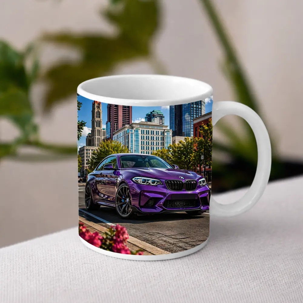Purple BMW M2 City Street Urban Background – Mugs