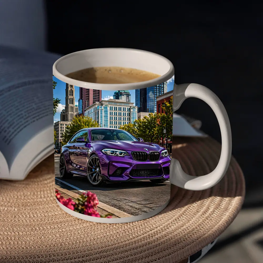 Purple BMW M2 City Street Urban Background – Mugs