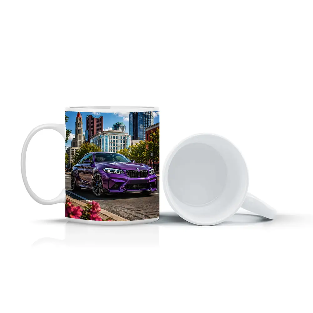 Purple BMW M2 City Street Urban Background – Mugs