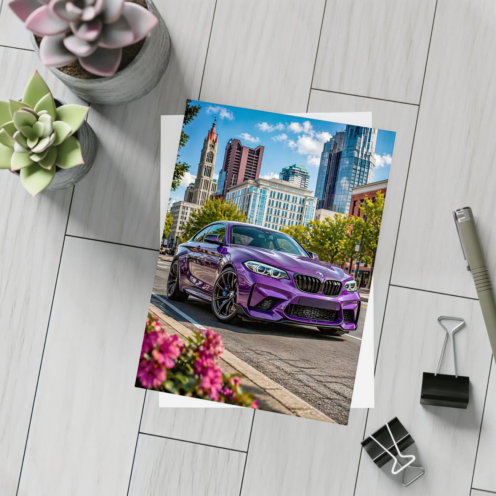 Purple BMW M2 City Street Urban Background – Postcards