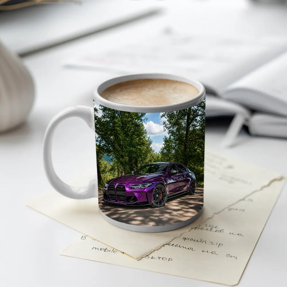 Purple BMW M3 Competition Sedan Forest Road – Mugs