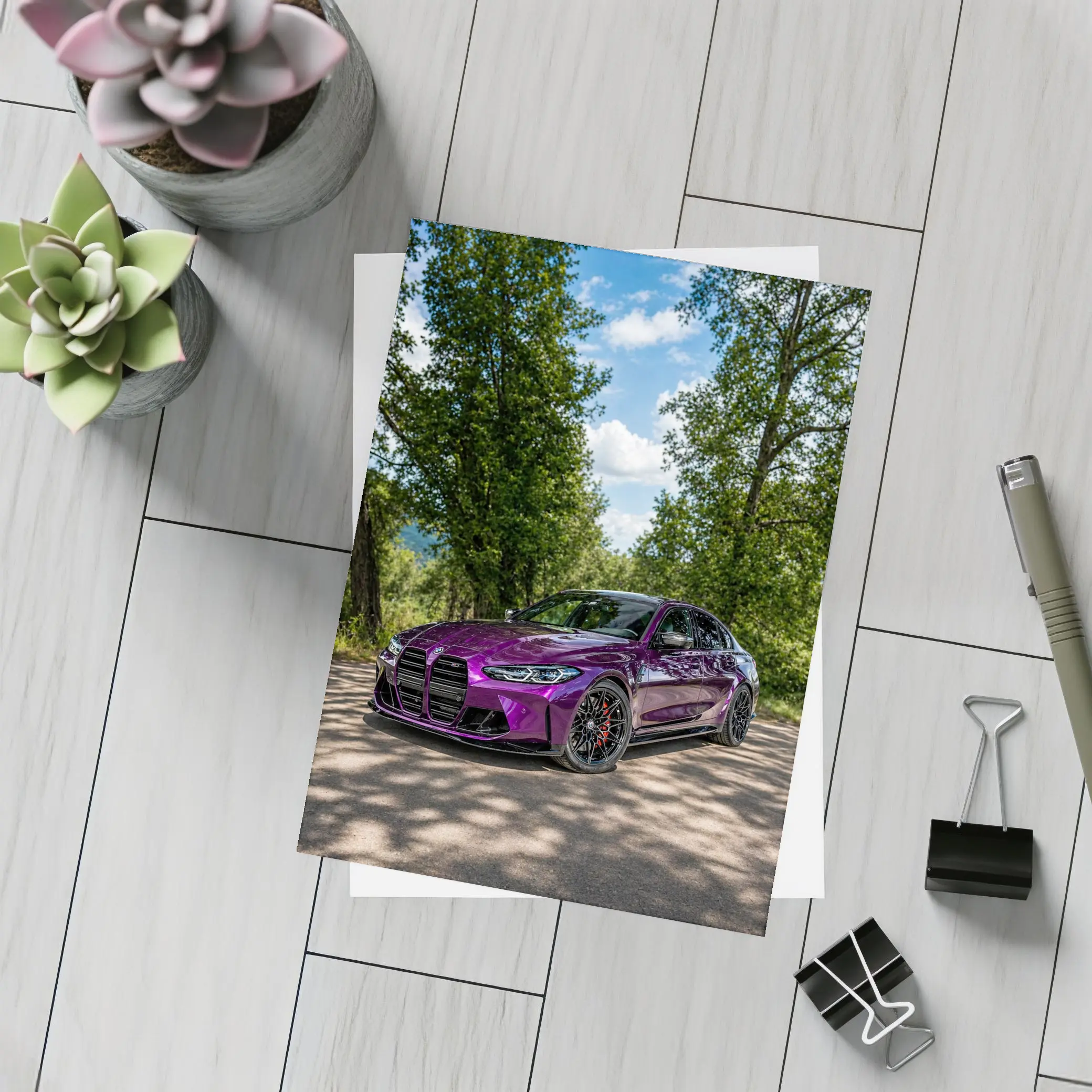 Purple BMW M3 Competition Sedan Forest Road – Postcards