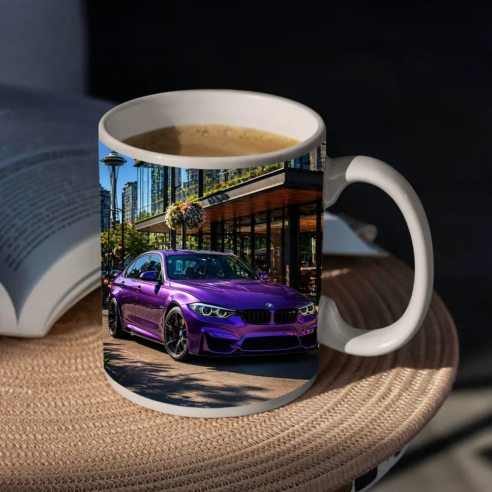 Purple BMW M3 Parked in Seattle City – Mugs