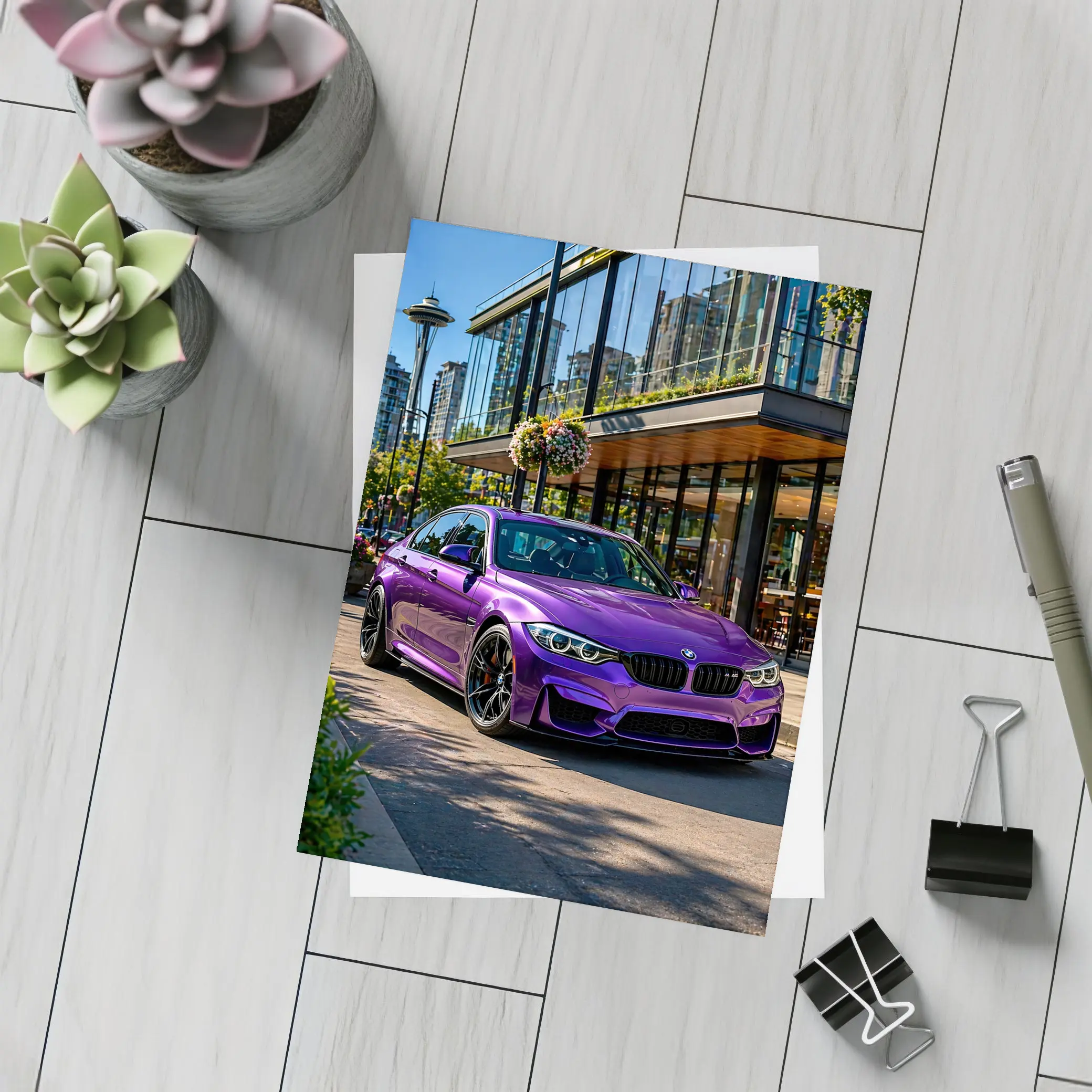 Purple BMW M3 Parked in Seattle City – Postcards