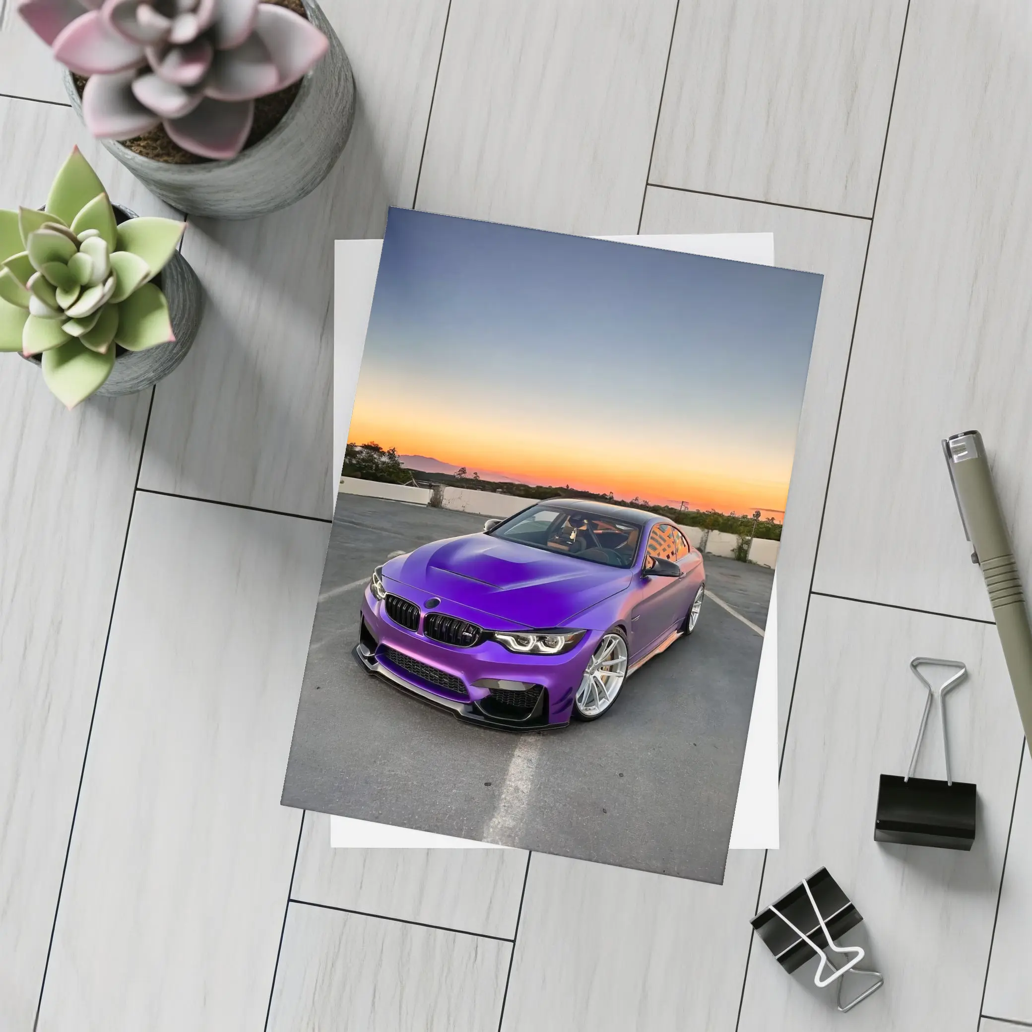 Purple BMW M4 at Sunset Sky – Postcards