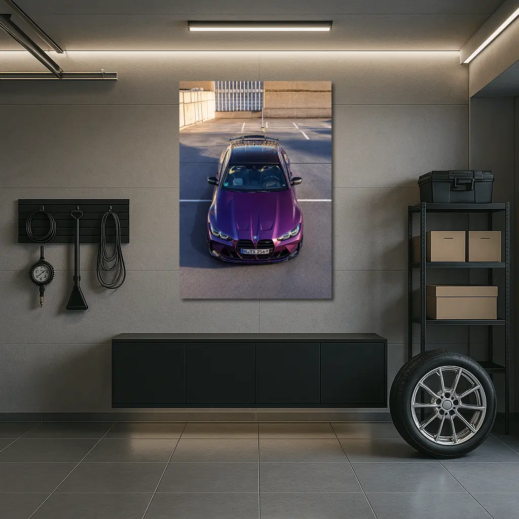 Purple BMW M4 Competition Overhead Parking Lot – Wall Art