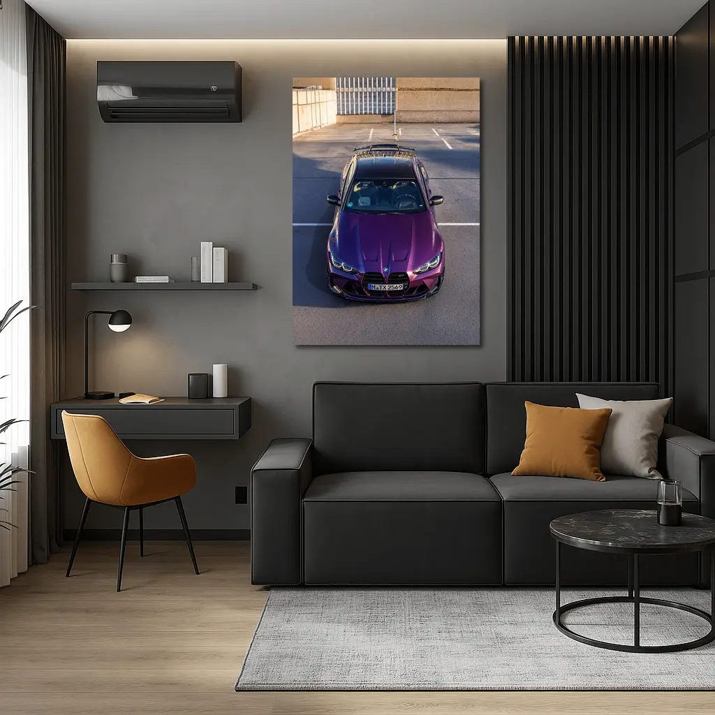 Purple BMW M4 Competition Overhead Parking Lot – Wall Art