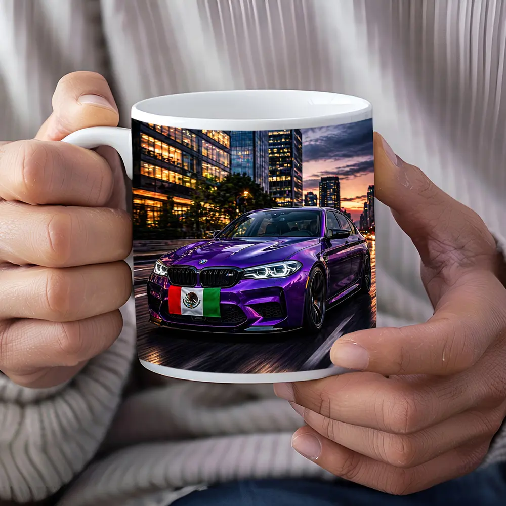Purple BMW M5 Mexican Flag City Night – Mugs