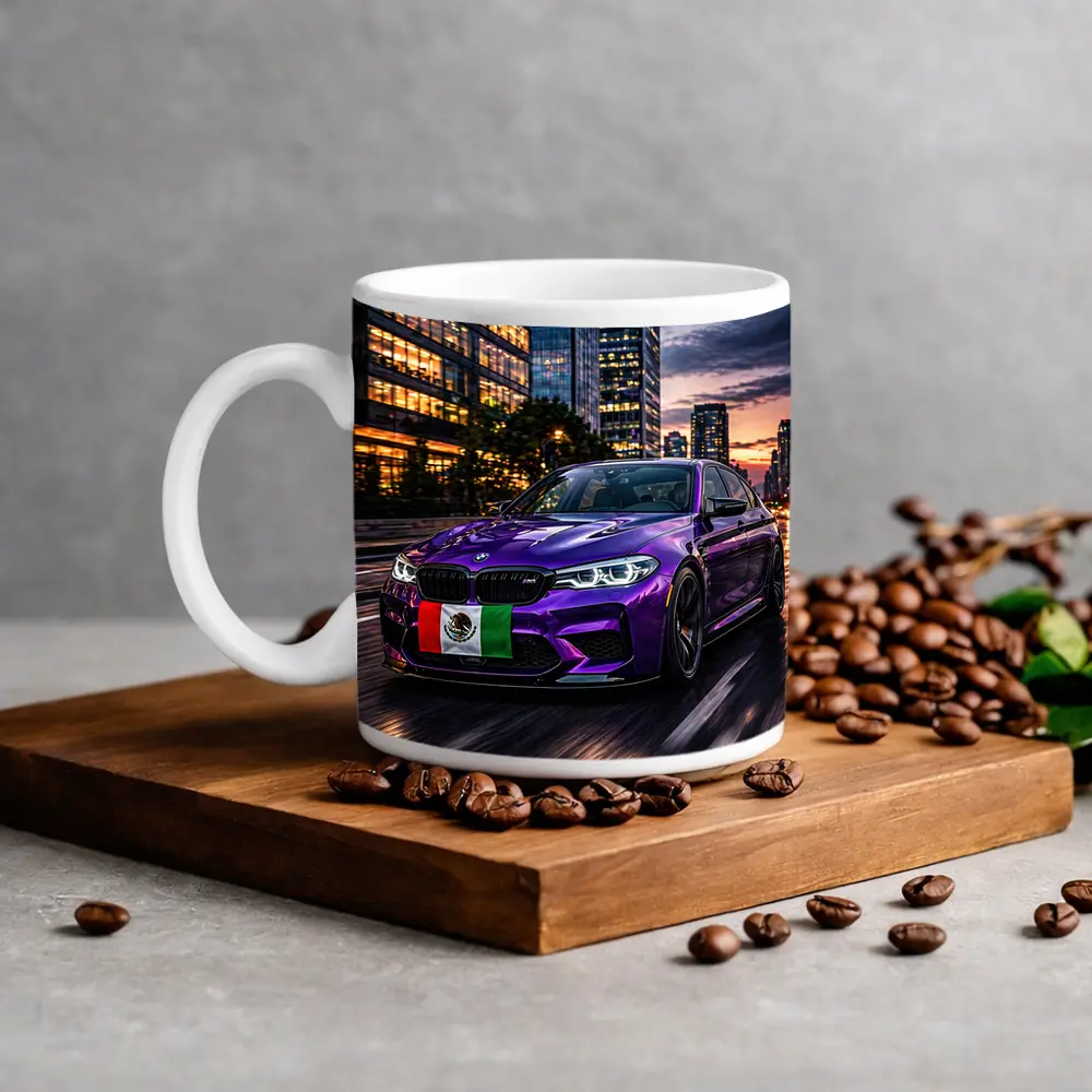 Purple BMW M5 Mexican Flag City Night – Mugs