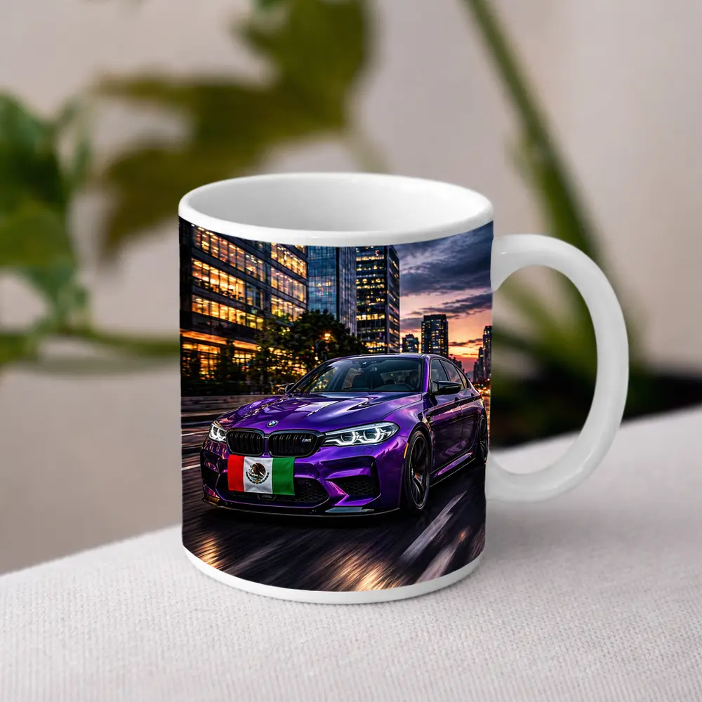 Purple BMW M5 Mexican Flag City Night – Mugs