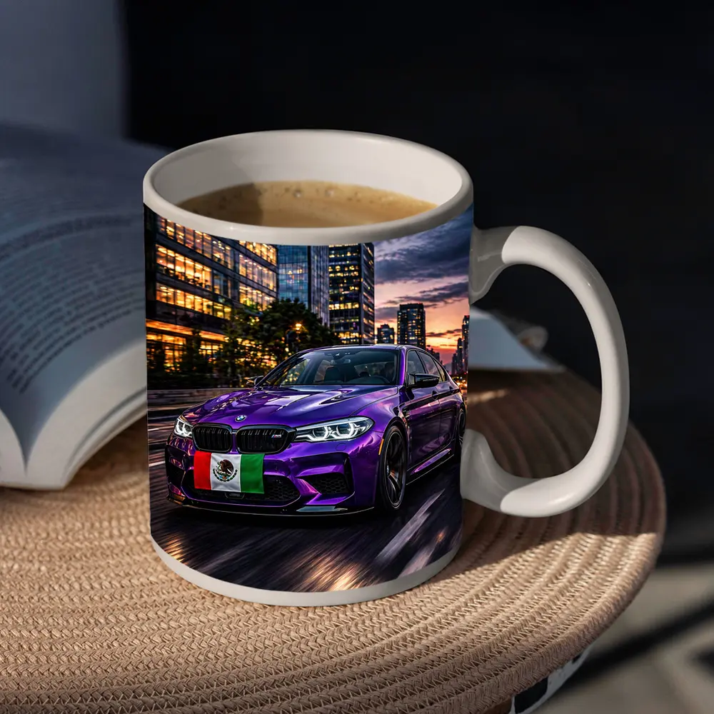 Purple BMW M5 Mexican Flag City Night – Mugs