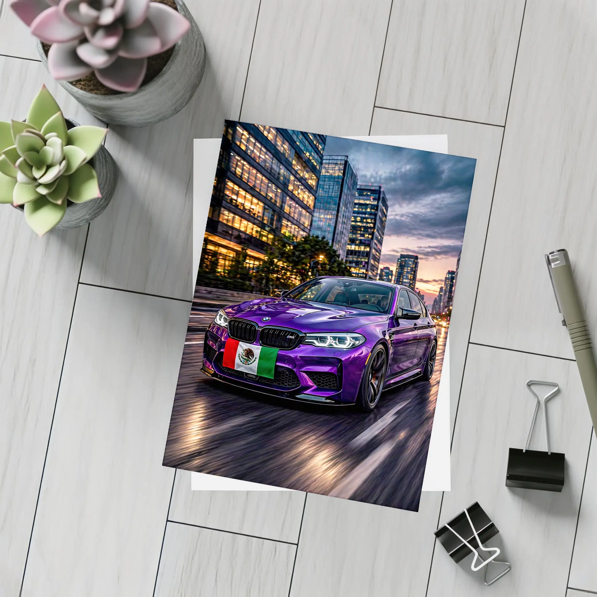 Purple BMW M5 Mexican Flag City Night – Postcards
