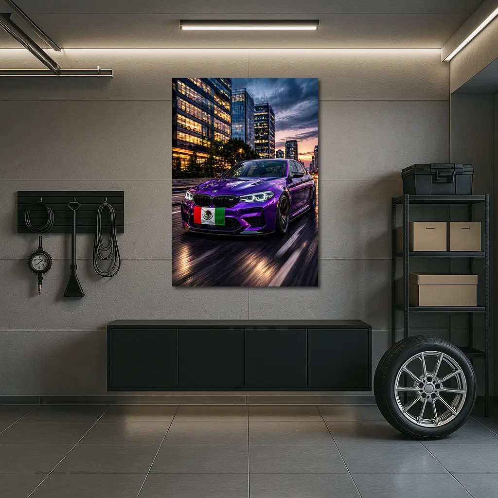 Purple BMW M5 Mexican Flag City Night – Wall Art