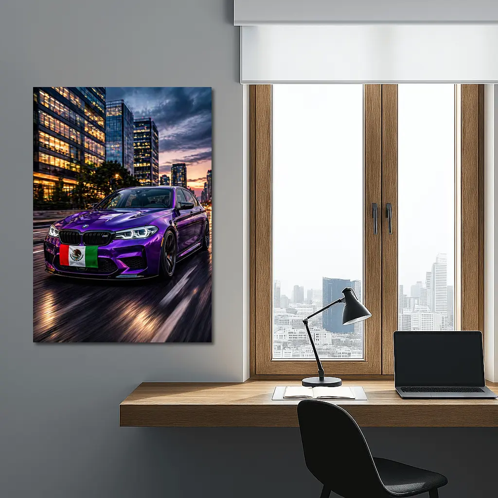 Purple BMW M5 Mexican Flag City Night – Wall Art