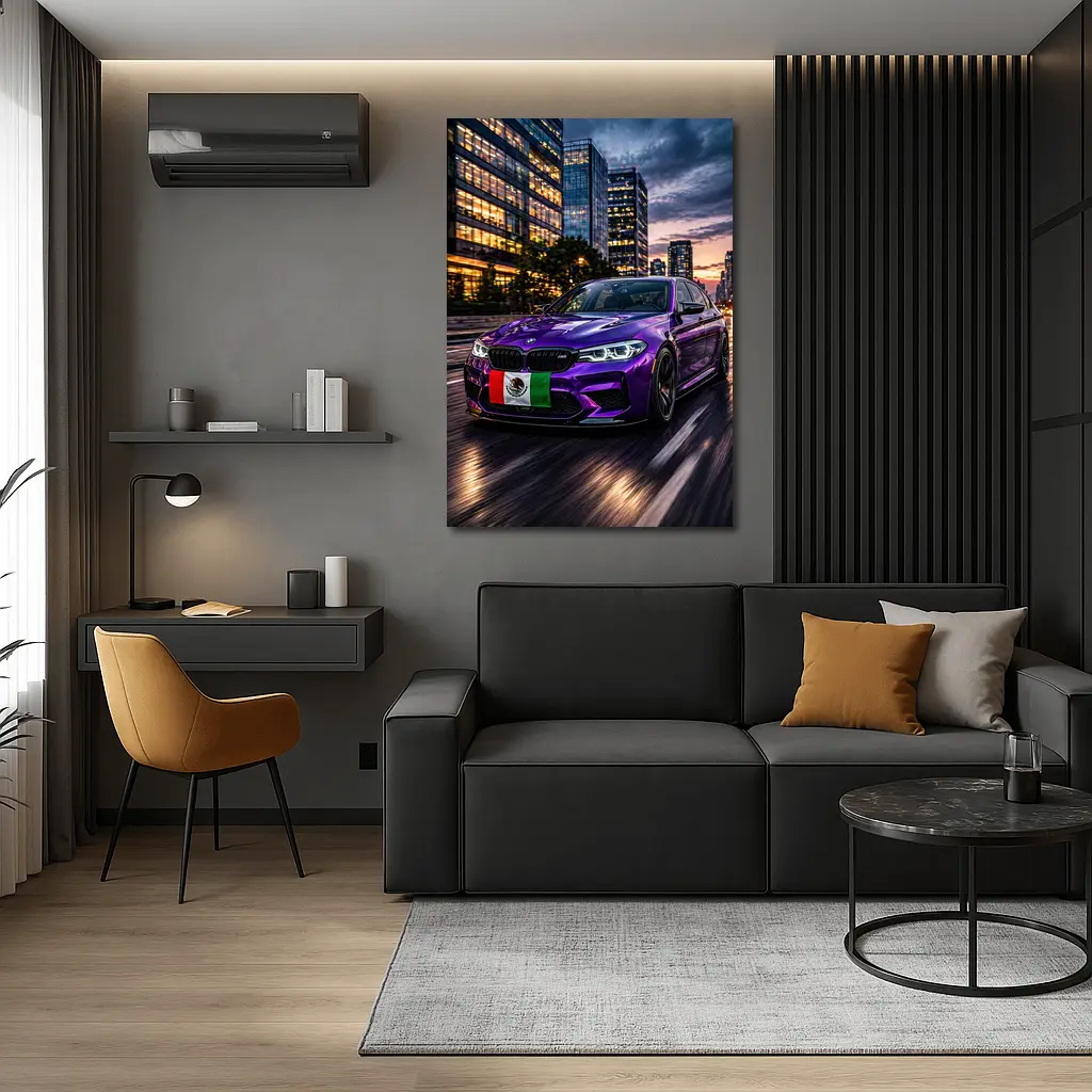 Purple BMW M5 Mexican Flag City Night – Wall Art