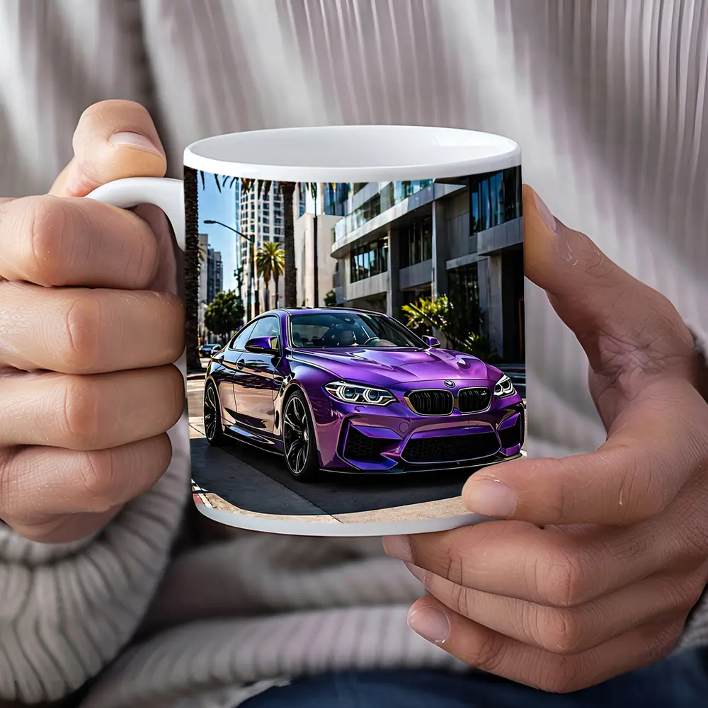 Purple BMW M2 Parked on City Street – Mugs