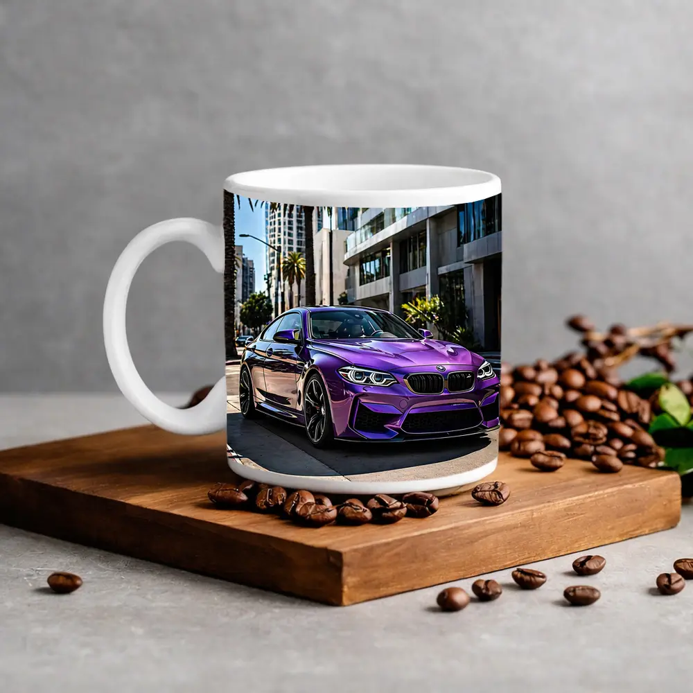 Purple BMW M2 Parked on City Street – Mugs