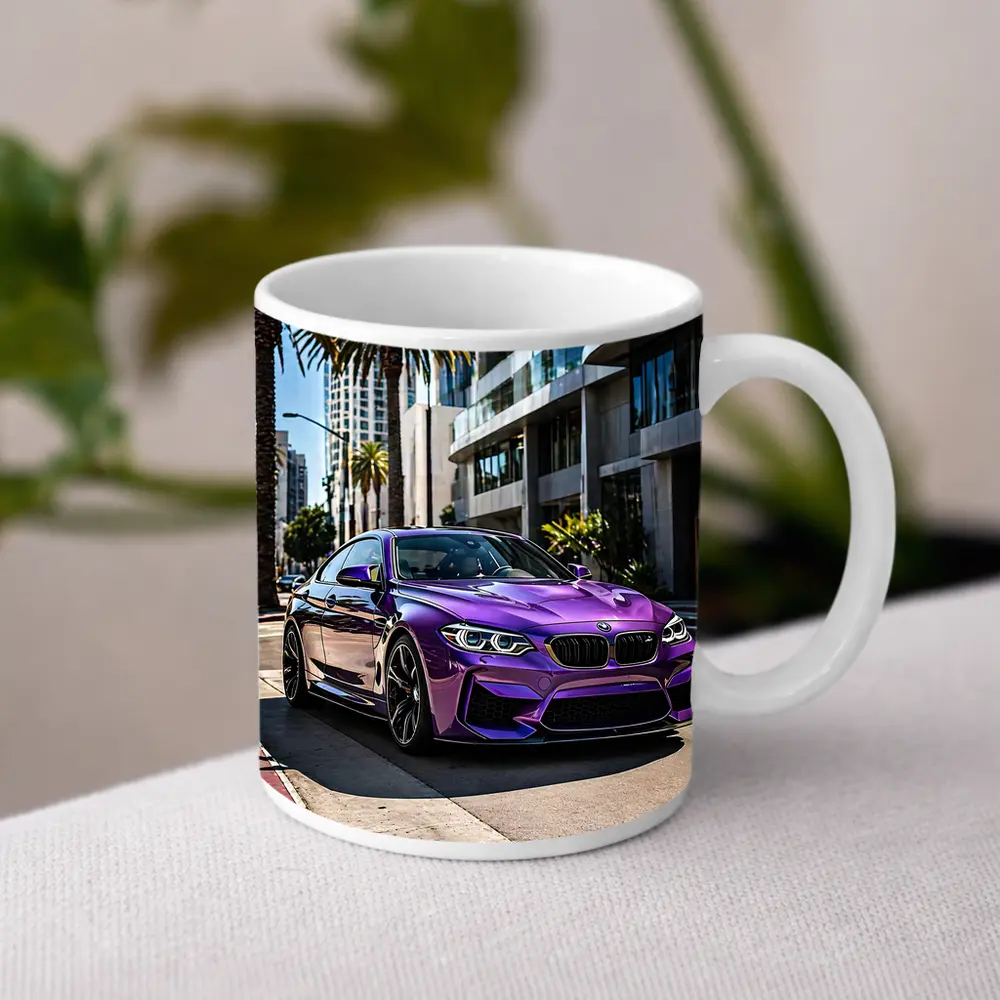 Purple BMW M2 Parked on City Street – Mugs