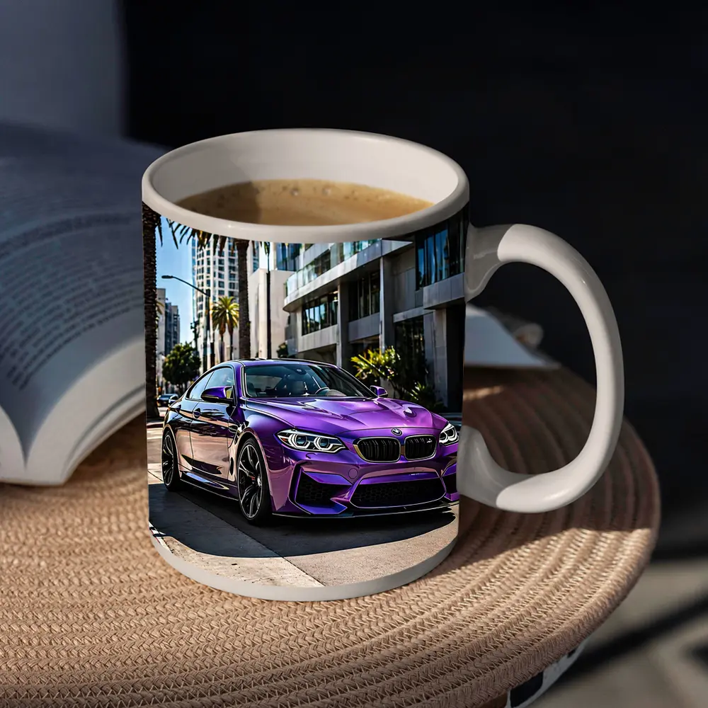 Purple BMW M2 Parked on City Street – Mugs