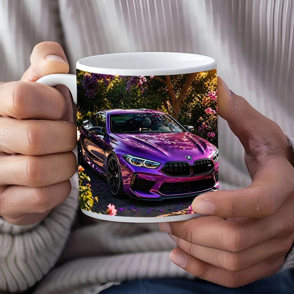 Purple BMW M8 Parked Among Pink Blossoms – Mugs
