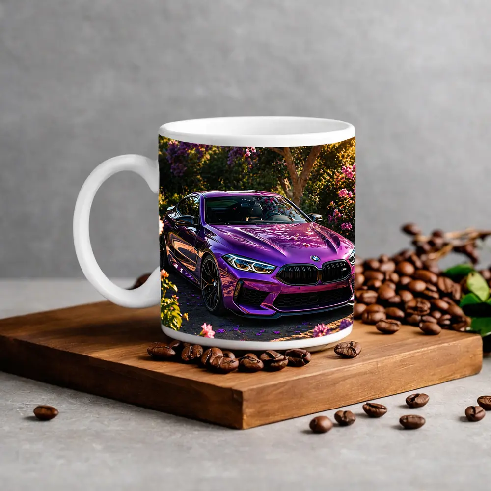 Purple BMW M8 Parked Among Pink Blossoms – Mugs