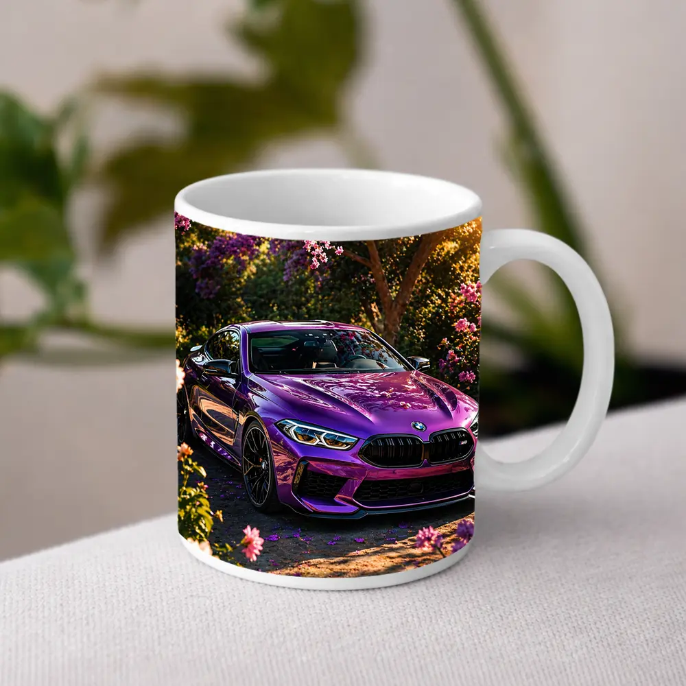 Purple BMW M8 Parked Among Pink Blossoms – Mugs
