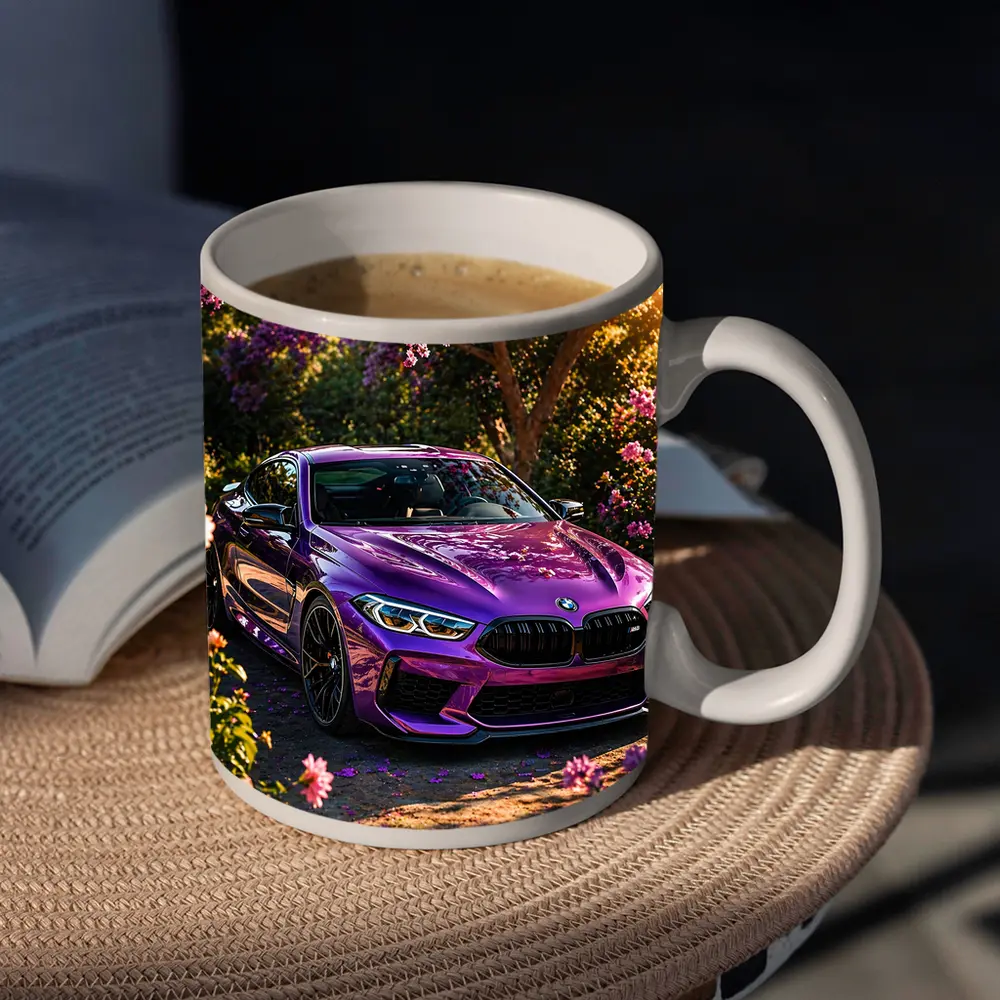 Purple BMW M8 Parked Among Pink Blossoms – Mugs