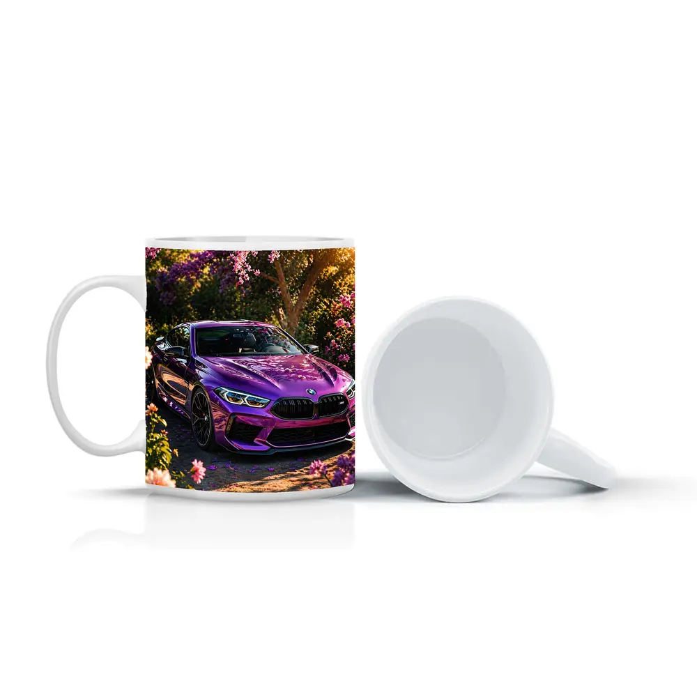 Purple BMW M8 Parked Among Pink Blossoms – Mugs