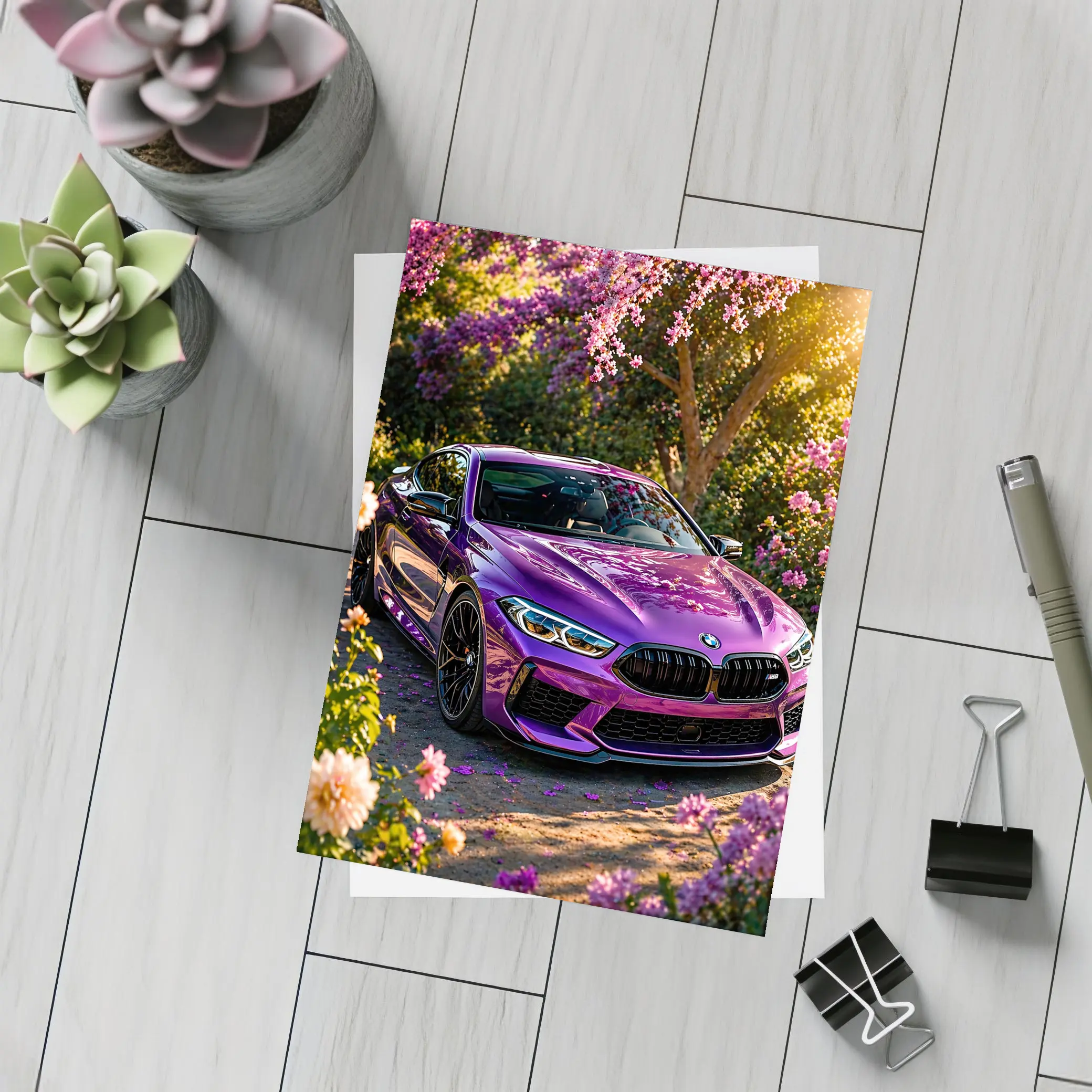 Purple BMW M8 Parked Among Pink Blossoms – Postcards
