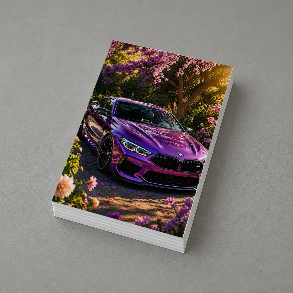 Purple BMW M8 Parked Among Pink Blossoms – Postcards