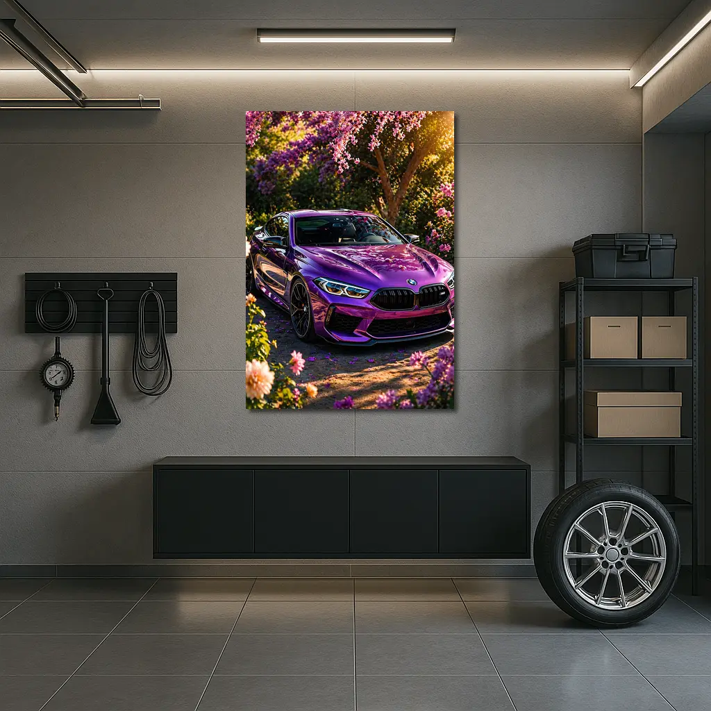 Purple BMW M8 Parked Among Pink Blossoms – Wall Art
