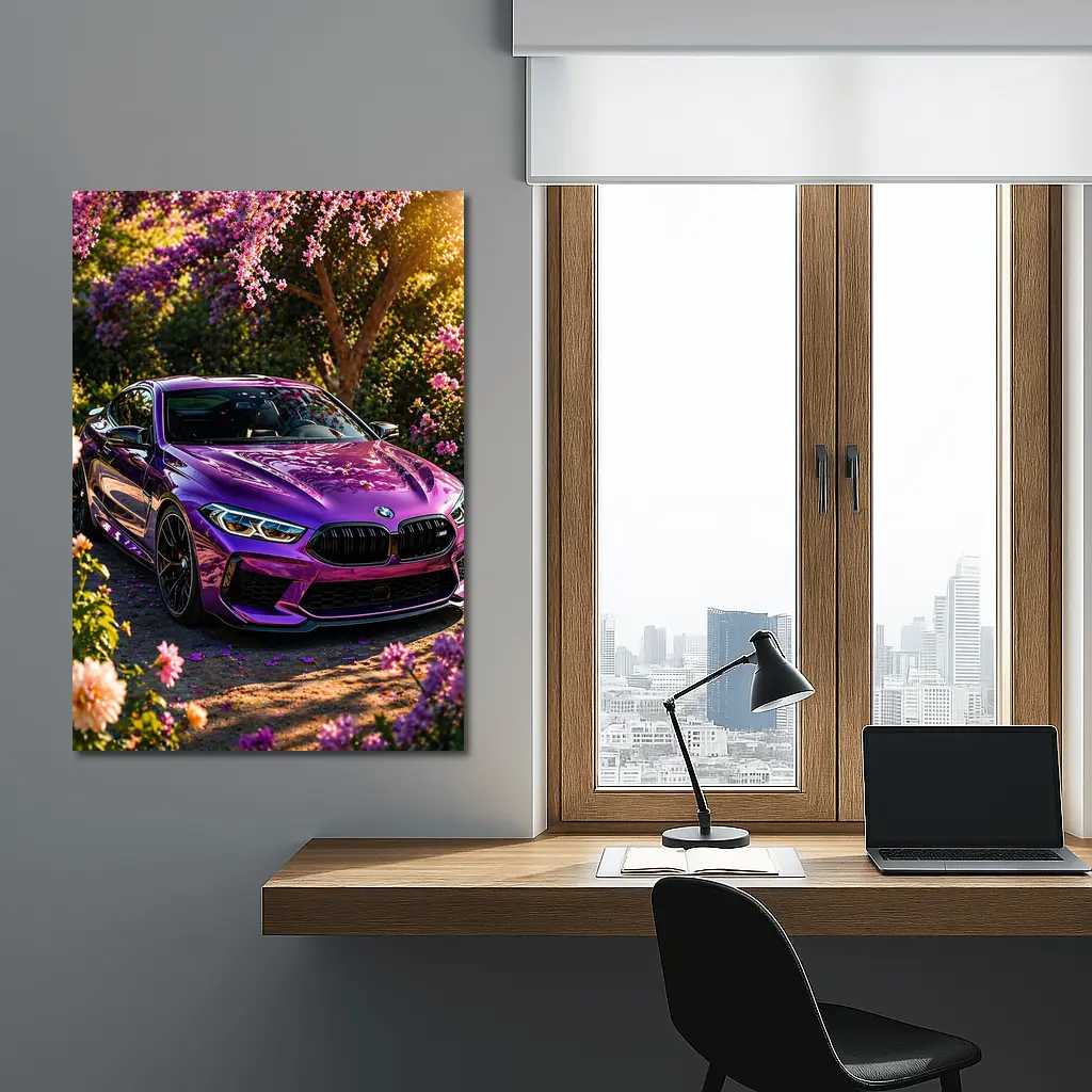 Purple BMW M8 Parked Among Pink Blossoms – Wall Art