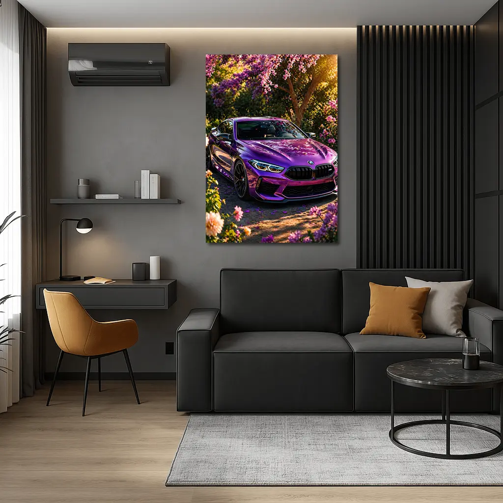 Purple BMW M8 Parked Among Pink Blossoms – Wall Art