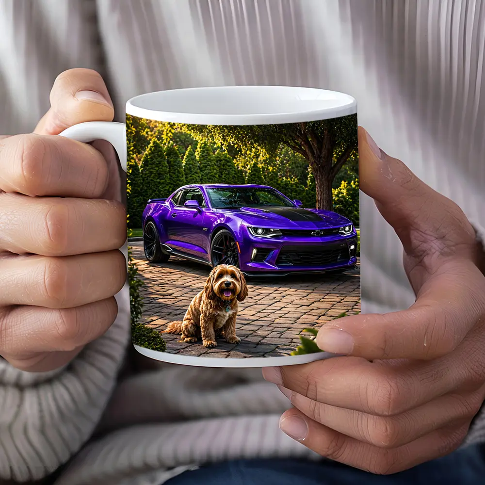 Purple Chevrolet Camaro With Fluffy Dog – Mugs