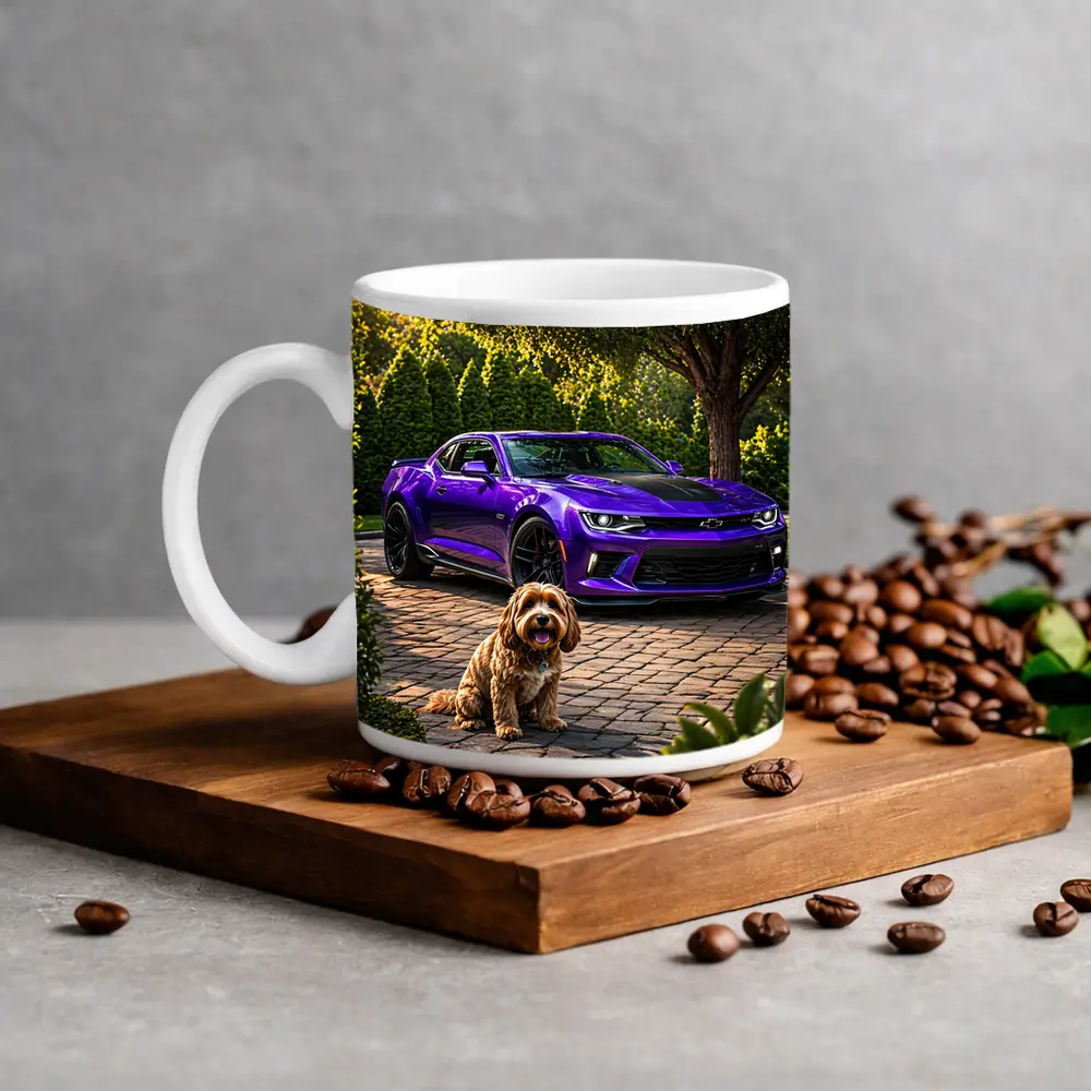 Purple Chevrolet Camaro With Fluffy Dog – Mugs