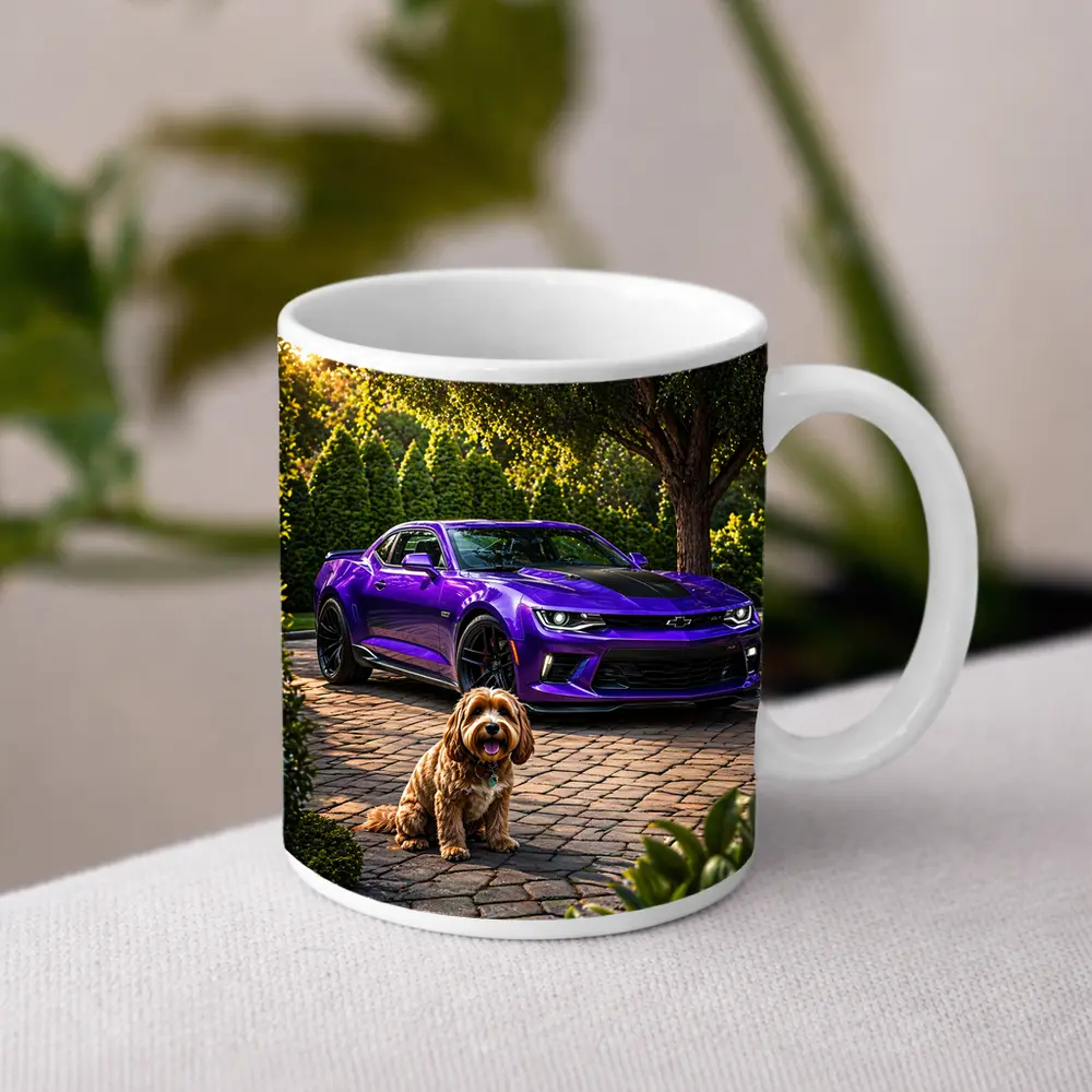 Purple Chevrolet Camaro With Fluffy Dog – Mugs