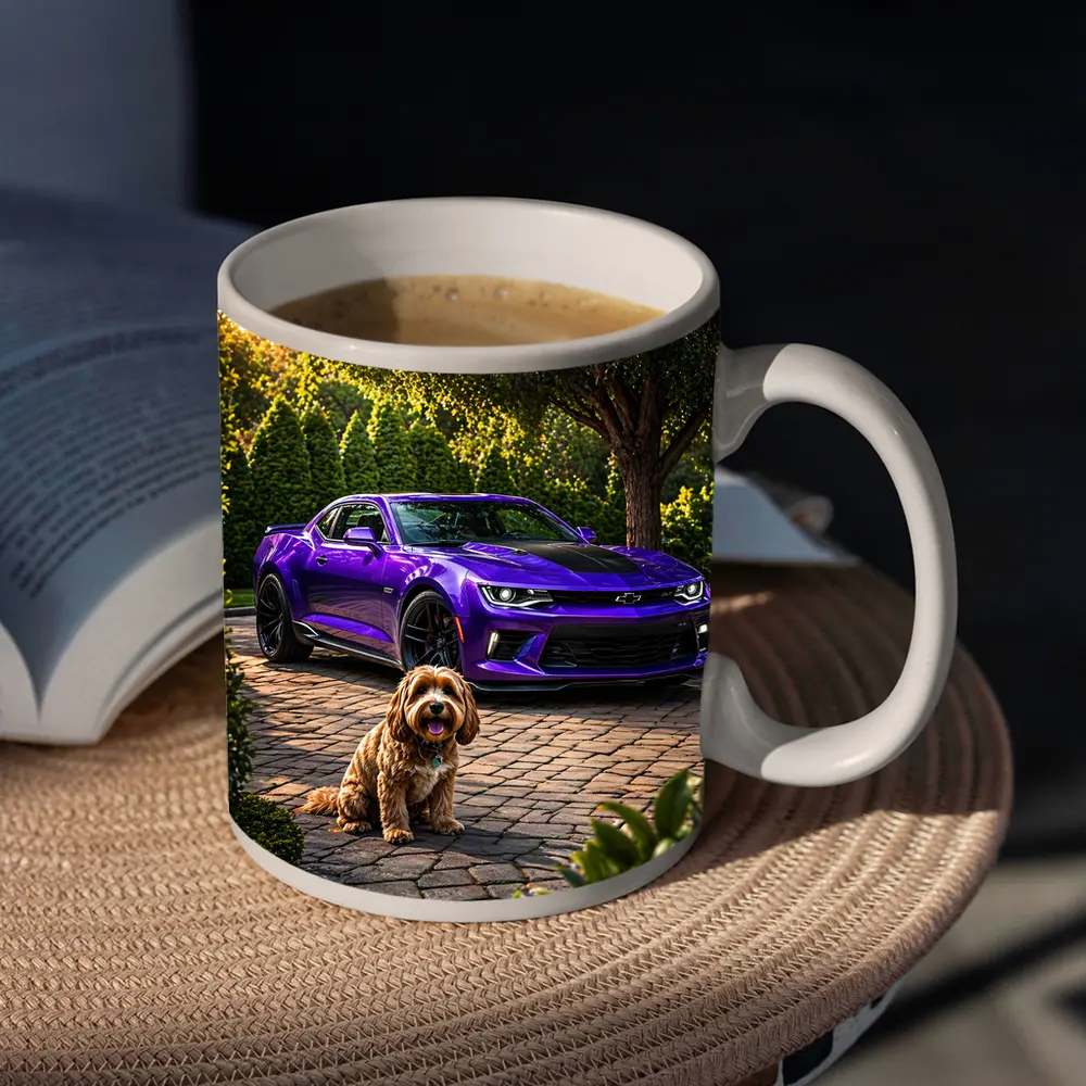 Purple Chevrolet Camaro With Fluffy Dog – Mugs