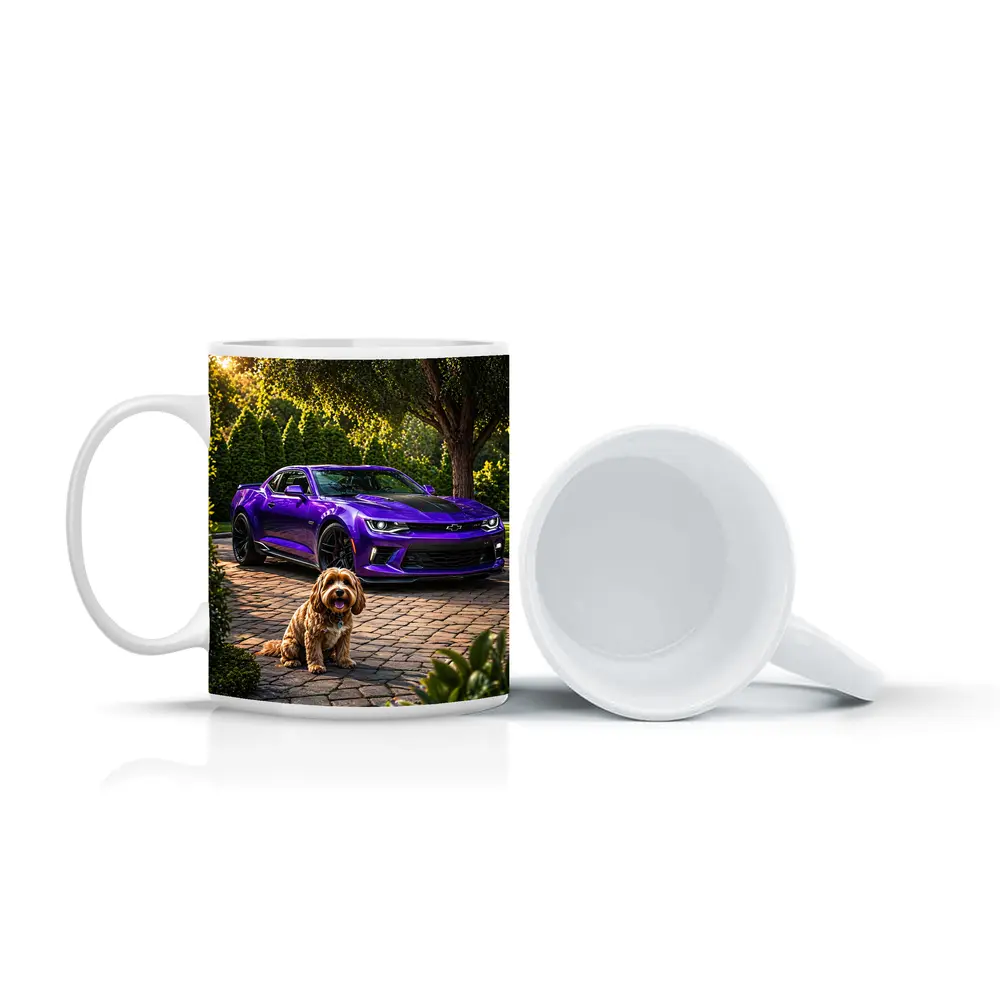 Purple Chevrolet Camaro With Fluffy Dog – Mugs