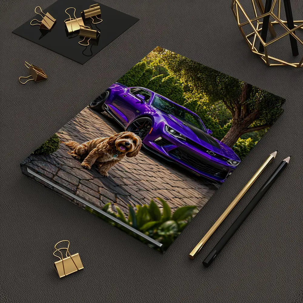 Purple Chevrolet Camaro With Fluffy Dog – Notebooks
