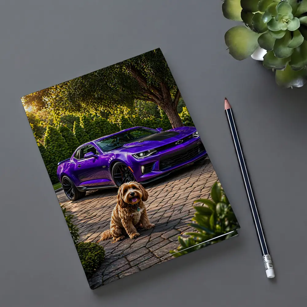 Purple Chevrolet Camaro With Fluffy Dog – Notebooks